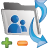 Static pixel art icon showing a folder with two blue human figures inside, a blue curved arrow on the right, and green plus and orange rectangular icons below.