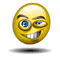 Yellow circular face with blue eyes and a wide grin, winking in while transitioning to close-up eye views