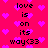 A static image with a bright pink background filled with small purple pixelated hearts, featuring repeated black text reading "love is on its way\u0033" in a pattern