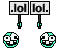 Pixelated .lol. signs and circular icons with teal and white patterns on gray background, some signs tilted or rotated.