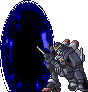 A pixelated mech stands before a blue portal, holding a sword-like weapon; the portal's glow shifts across frames.