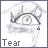 A grayscale drawing of a single eye with a tear, displayed in a of identical frames showing sequential text changes below the eye