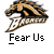 Two identical pixelated snake head icons with open mouths and visible fangs displayed on a gray background, each labeled "Fear Us" below the icon, alongside promotional text for badassbuddy.com.