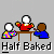 Pixel art animation of three figures at a table with text "Half Baked" below, showing sequential changes in character poses and actions.