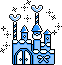 Pixelated blue castle with white accents and black starbursts on gray background, featuring multiple towers with crescent moon tops.