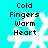 Pixelated white snowflake with black text 'Cold Fingers Warm Heart' on cyan background, four identical instances arranged in a