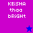 Pixelated text 'KEISHA thoa bRIGHT' on split purple and blue background with star symbols.