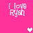 Pixelated pink background with four 'I love Rysh' text blocks and three heart symbols in white and light pink.