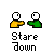 Two pixelated figures face each other against a gray background; one wears yellow, the other green, with text below reading "Stare down.".