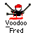 Pixelated character with red hat and black body stands on red platform, arms raised holding black-and-gray sticks, below text "Voodoo Fred" in blocky font.