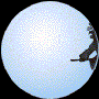 Animated sequence of a witch silhouette riding a broomstick across a light blue circular background with a bright central glow.