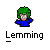 Pixelated character with green hair and blue shirt, standing against gray background with 'Lemming' text below.