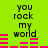 Green background with black text reading "you rock my world" and pink audio equalizer bars that change shape across frames.