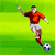 Animated soccer player kicking a ball transitioning to goal net in pixelated style with green field background.