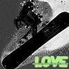 Black-and-white image of a figure on a snowboard with a large moon in the background, featuring green text reading "LOVE" at the bottom.