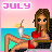 Pixel art of a woman in a red bikini holding a drink, with 'JULY' text above, on a beach background.