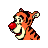 Pixelated orange tiger with black stripes, red nose, and white muzzle in profile view against gray background.