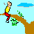 Animated contact sheet showing 18 frames of a pixel art character repeatedly attempting to cross a gap between tree stumps with a stick, ending in a fall and the word 'idiot' displayed below.