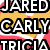 Pixelated text reads "JARED CARLY TRICIA ARE MY BFFS" over overlapping yellow hearts with white outlines on a pink background.