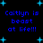 Blue pixelated text reads "Caitlyn is beast at life!!!" on black background with cyan stars, repeated in two identical vertical sections.
