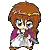 A 3x3 contact sheet of a pixel-art animated character with brown hair, purple top, white pants, and gold headband performing various sword-related actions across nine frames.