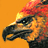 Pixelated close-up of a bird's head with a curved beak, set against a solid orange background.
