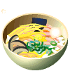 Animated bowl of noodles with yellow strands, green scallions, pink crab stick, brown mushrooms, white rice, and dark blue seaweed, featuring a moving white bubble.