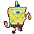 Four pixelated frames of a yellow sponge character in various running poses with arms and legs extended, wearing brown shorts and white shirt with blue trim.