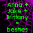 Green text on a purple and black patterned background reads "Anna + Jake + Brittany = besties" with one version showing a gray replacing the bottom-right section