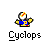 Four-frame animated contact sheet of a pixelated cyclops character with yellow body, blue torso, and red accents performing sequential actions above the text "Cyclops" on gray background.