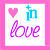 Four square display 'in love' text with heart symbols, each having distinct border and heart colors