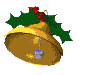 Animated sequence of a golden bell with holly and berries, showing rotation and partial visibility changes against a gray background.
