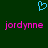 A static digital image with a dark green background, featuring a light blue pixelated heart symbol at the top center and two instances of pink pixelated text reading "jordynne" below.