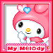 My Melody character in pink outfit with blue heart on head, gray background, pink border, and 'My Melody' text at bottom.