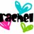 Pixelated graphic with 'Rachel' text in two color variations, surrounded by cyan, pink, and green heart shapes on white background.