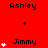 Red background with black text 'Ashley' and 'Jimmy' and white plus signs and hearts in a pattern, showing animation changes in heart count and position