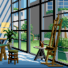 Pixel art studio interior with large windows, easel, stool, potted plant, and outdoor greenery visible through glass panes.