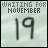 Pixelated light green background with 'WAITING FOR NOVEMBER' text and large blurred '19' numerals, featuring a small heart symbol in the bottom-right corner of two