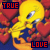 Yellow cartoon bird with blue eyes and orange beak holds red heart against blue background, text 'TRUE' in top corners and 'LOVE' at bottom.