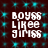 Pixelated text 'BOYSS LIKEE GIMSS' in white on dark red background with cyan star-like patterns, animated as four identical arranged in a
