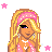 Pixel art contact sheet showing multiple frames of a cartoon girl character with blonde hair, pink accessories, and white shorts against a white background with scattered pink stars.