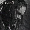 A black-and-white image of a person with long dark hair, overlaid with changing text in red, yellow, and white fonts.