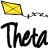 A yellow kite with a black outline and cross pattern flies above the word Theta in large, stylized black script.