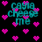 Pixelated teal text 'Cayla cheese me' surrounded by pink hearts on a black background, with visible animation changes across frames.