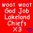 Red background with white pixelated text reading 'woot woot', 'God Job', 'Lakeland Chiefs', and 'X3' in two identical vertical , each ending with a blue heart symbol