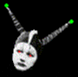 Animated icon of a white mask with red eyes on a black background, featuring green-tipped horns and smoke effects in some frames.