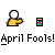 Animated April Fools buddy icon showing a yellow stick figure interacting with objects across 9 frames, including text and motion effects.