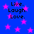 Blue background with pink stars and repeated black text "Live. Laugh. Love." in four quadrants.
