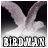 Static pixelated icon of a bird in flight with text below, set against dark background transitioning to light gray at bottom.