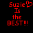 Red pixelated text on black background reads "Suzie Is the BEST!!!" with a heart symbol replacing the 'i' in "Suzie" on the left side.